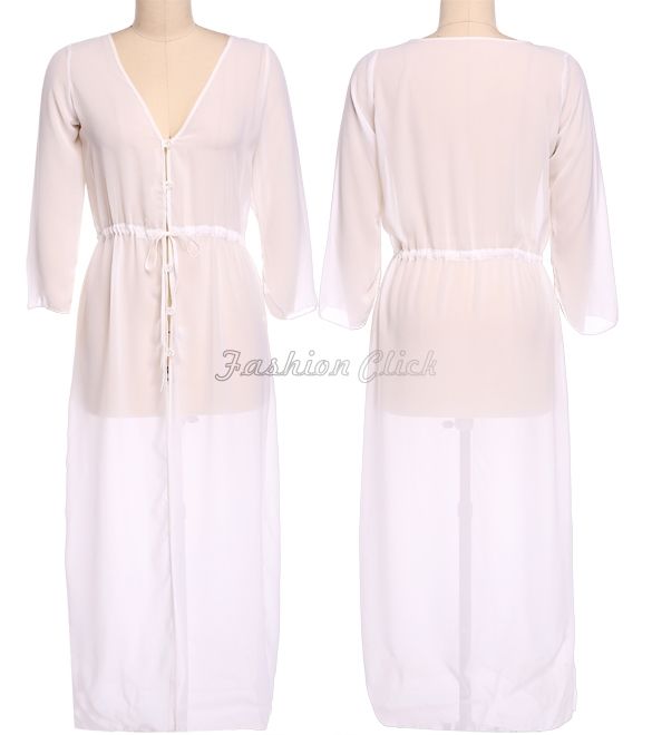 Wholesale-2015 Women Beach Cover Up Long Sleeve Loose Bathing Suit Cover Ups Ankle Length Long Beach Dress Sheer Vintage Swimsuit FC5324