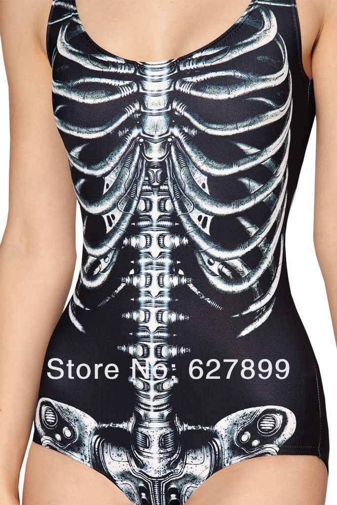 Wholesale-Skeleton Skull Fashion Swimsuit Swimming Suit One Piece Swimwear MECHANICAL Black and WHITE RIBS SWIMSUIT One-Pieces