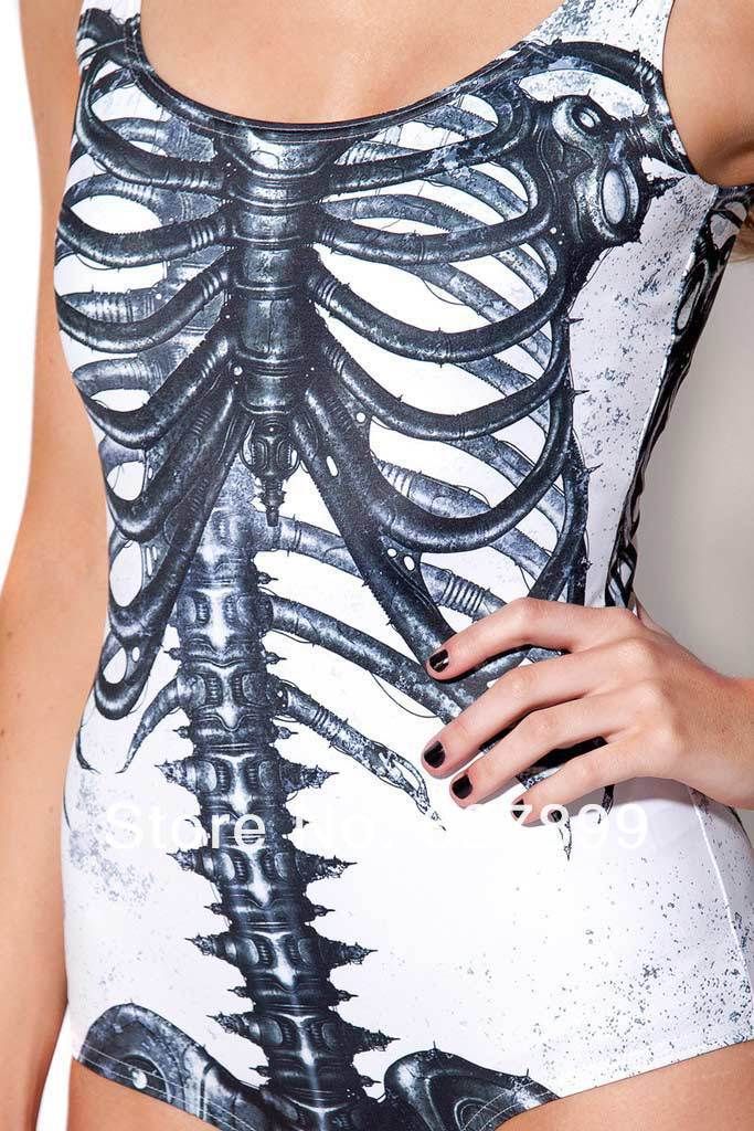 Wholesale-Skeleton Skull Fashion Swimsuit Swimming Suit One Piece Swimwear MECHANICAL Black and WHITE RIBS SWIMSUIT One-Pieces