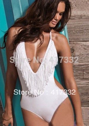 

Wholesale-New Women' Lady Plunging V-Neck Fringes Beaded Monokinis Swimsuits Halter Deep V Cutout One Pieces Swimwear Free Shipping, Black