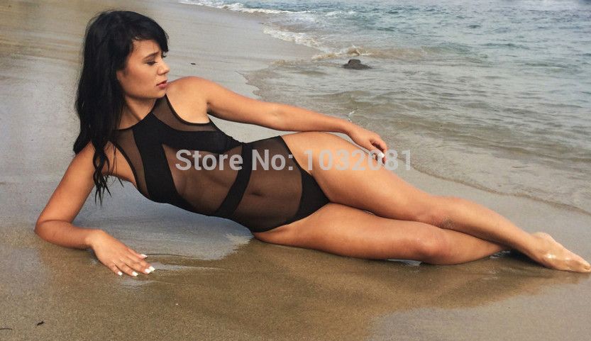 Wholesale-2015 sexy women ladies girls black mesh sheer one piece swimwear swimsuit beachwear bathing suit biquini badeanzug bademode V162