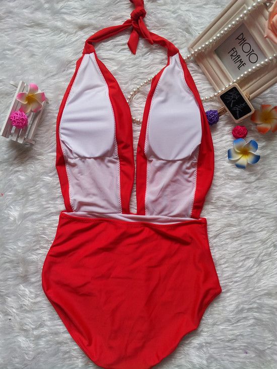 Wholesale-New Plunge Halter Swimsuit Deep V neck Hot Sexy One Piece Swim Suits Bandage Women Red Bathing Suits Backless Swimwear