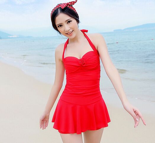Wholesale-2015 Womens One Piece Swimsuits With Skirts Cheap Cute Bathing Suits Modest Swim Wear Juniors Plus Size Monokini Jumpsuits