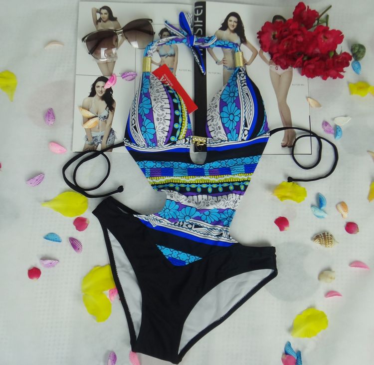 Wholesale-Triangle Style One Piece Swimsuit Monokinis Push Up Halter Swimwear Colorful Bathing Suit Free Shipping 1445