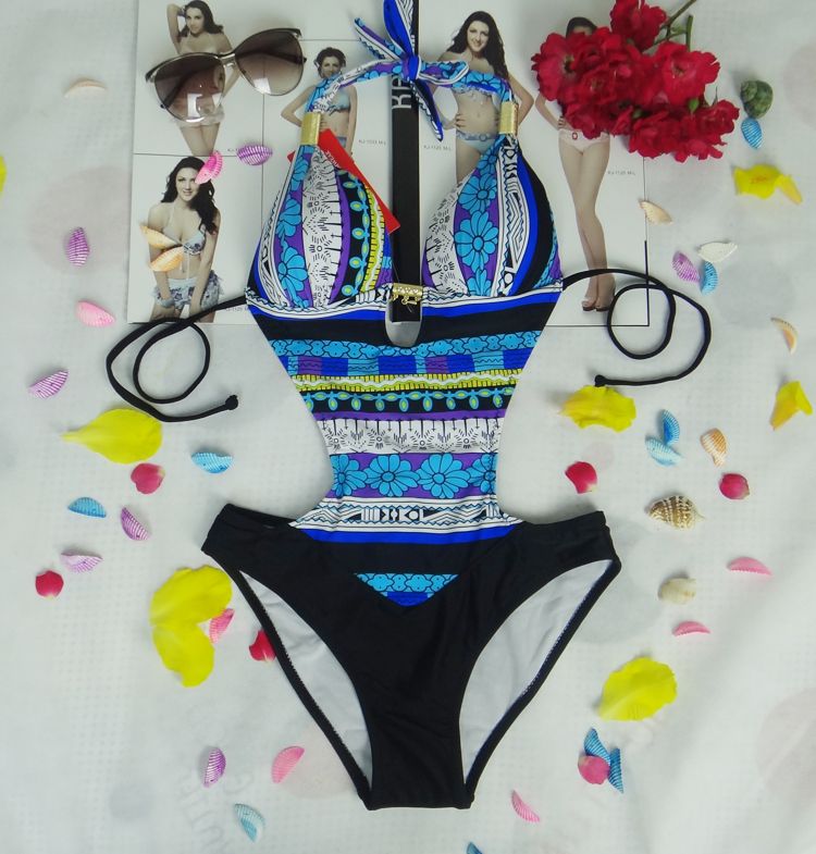 Wholesale-Triangle Style One Piece Swimsuit Monokinis Push Up Halter Swimwear Colorful Bathing Suit Free Shipping 1445