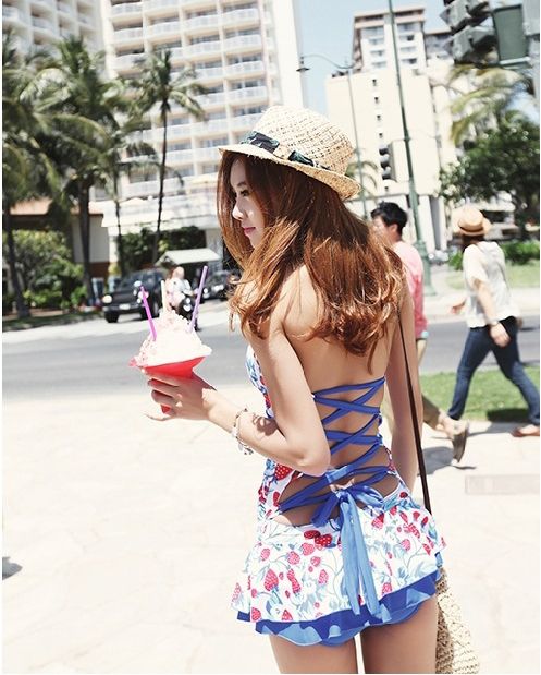 Wholesale-Fashion Summer New Women One Piece Swimming Suit Strawberry Printed Ruffle Halter Strappy Back Bathing Suits Mini Skirt Swimwear
