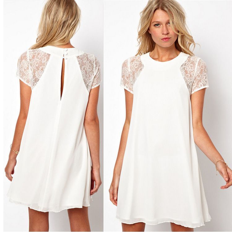 Wholesale-Autumn new fashion women short sleeve white back chiffon sexy casual lace dress Women Dress Plus size S-XXL dresses J2265