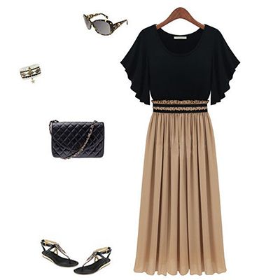 Wholesale-New Fashion Summer Vintage Ruffles Women Dress Pleated Chiffon Short Sleeve Dress Butterfly Sleeve Ankle-Length Dress Lady