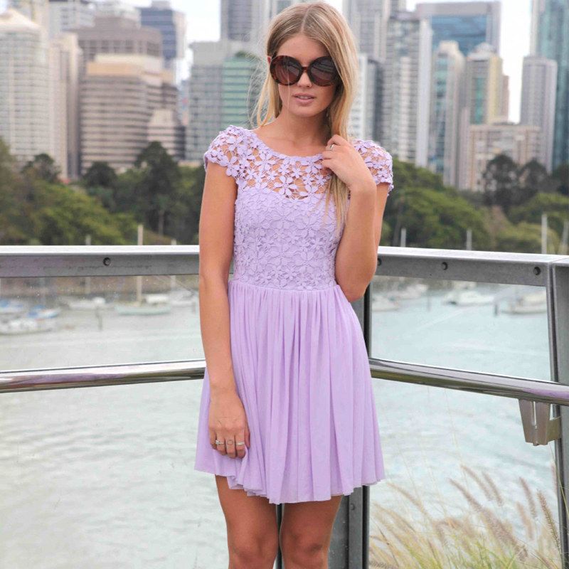 Wholesale-Mini Casual Dress New Fashion Crochet Floral Lace Open Back Candy Color Chiffon Skater Dress Women Clothing Vestidos Femininos