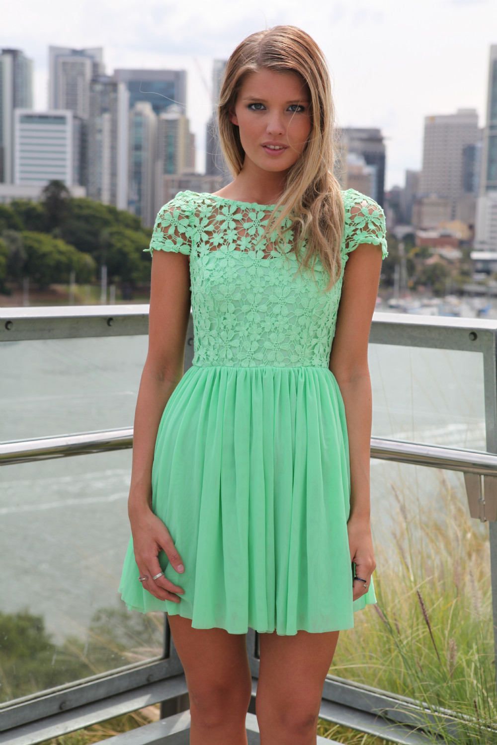 Wholesale-Mini Casual Dress New Fashion Crochet Floral Lace Open Back Candy Color Chiffon Skater Dress Women Clothing Vestidos Femininos