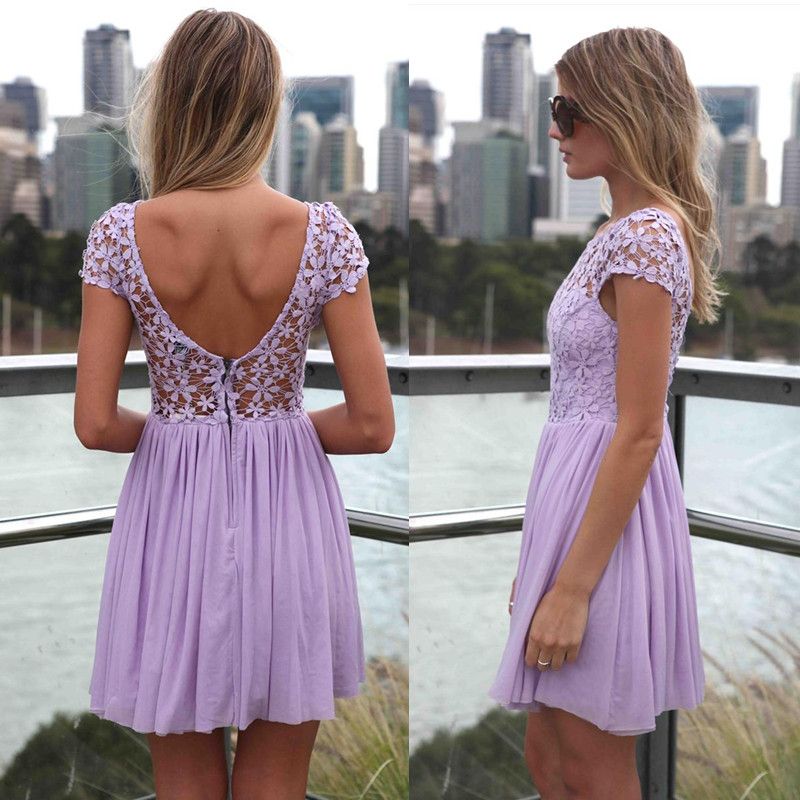 Wholesale-Mini Casual Dress New Fashion Crochet Floral Lace Open Back Candy Color Chiffon Skater Dress Women Clothing Vestidos Femininos