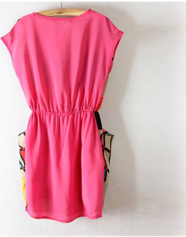 Wholesale-Womens Chic Colorful Geometric Pattern Sleeveless Mini Dress Round Neck Dress For Freeshipping