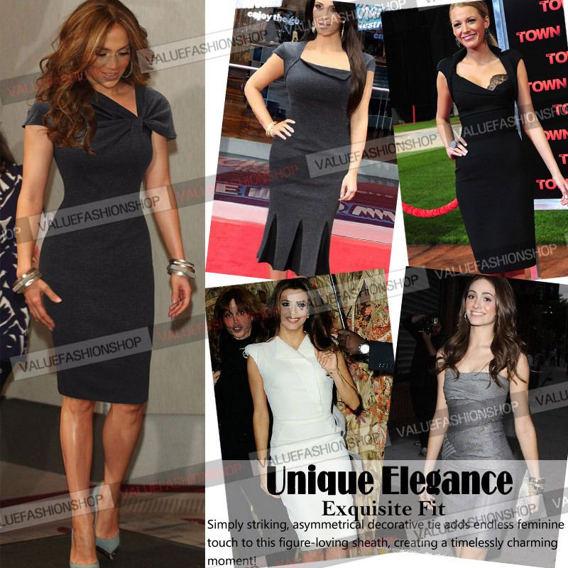Wholesale-New 2015 Womens Celebrity Elegant Vintage Pinup Bow Ruch Tunic Business Casual Cocktail Party Business Bodycon Dress