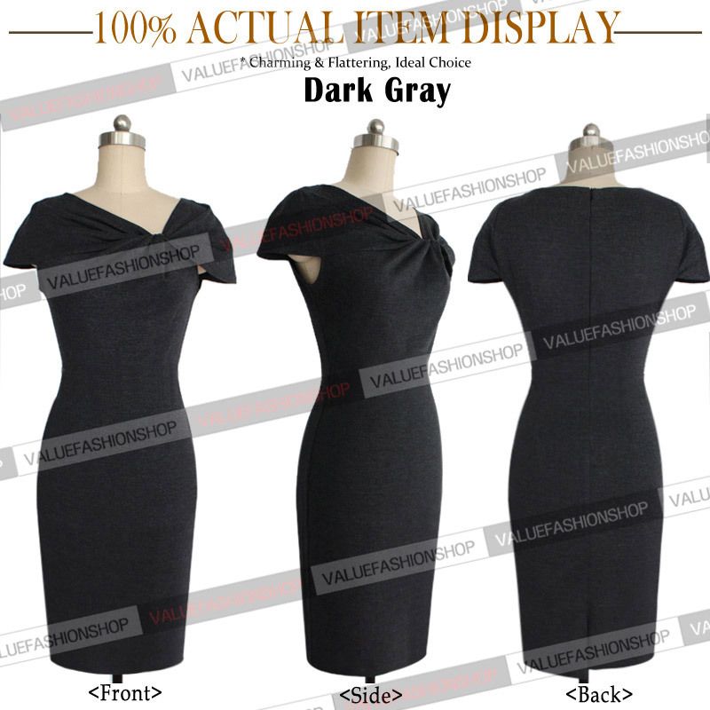 Wholesale-New 2015 Womens Celebrity Elegant Vintage Pinup Bow Ruch Tunic Business Casual Cocktail Party Business Bodycon Dress