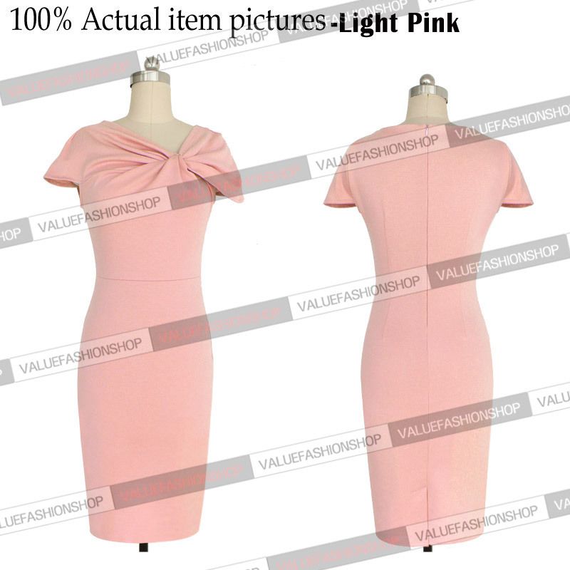 Wholesale-New 2015 Womens Celebrity Elegant Vintage Pinup Bow Ruch Tunic Business Casual Cocktail Party Business Bodycon Dress