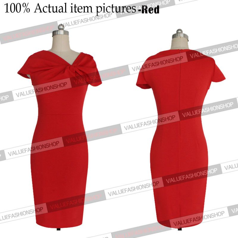 Wholesale-New 2015 Womens Celebrity Elegant Vintage Pinup Bow Ruch Tunic Business Casual Cocktail Party Business Bodycon Dress
