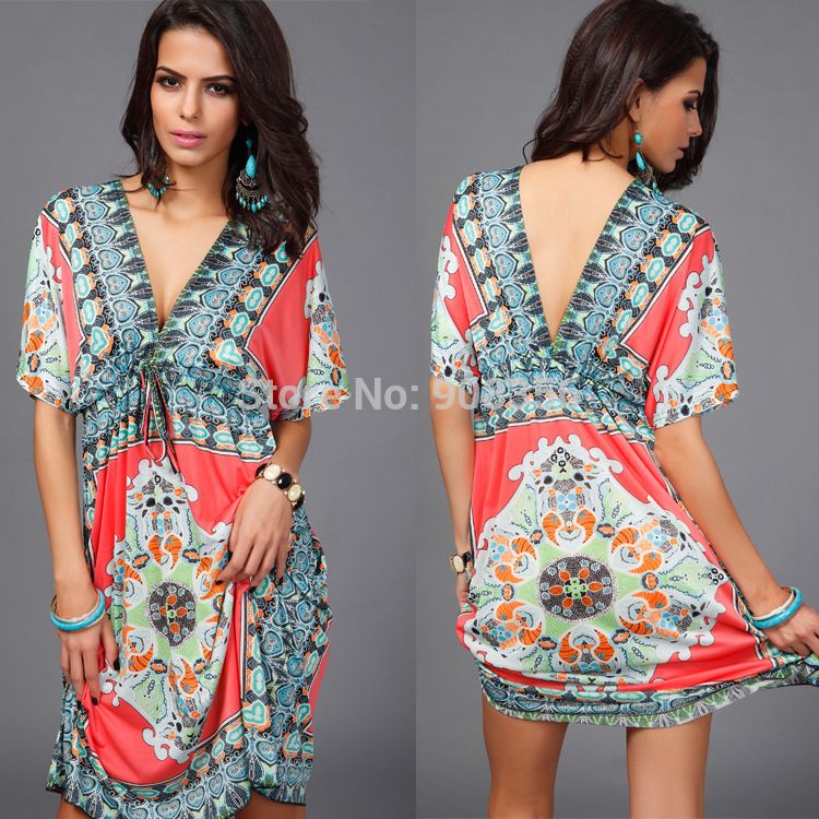 Wholesale-Plus Size M L XL XXL Sexy Floral Printed Bohemian Dress Women Summer Dress 2015 New Women Beach Dress Sundress Vestidos C0641