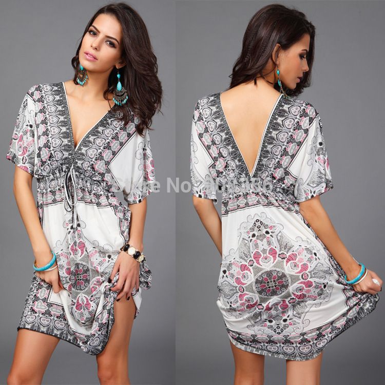 Wholesale-Plus Size M L XL XXL Sexy Floral Printed Bohemian Dress Women Summer Dress 2015 New Women Beach Dress Sundress Vestidos C0641