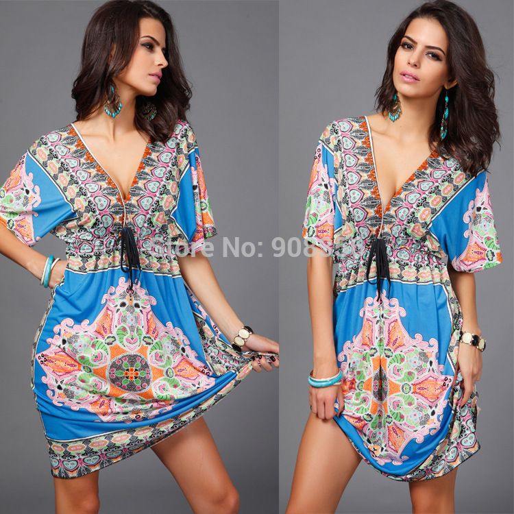 Wholesale-Plus Size M L XL XXL Sexy Floral Printed Bohemian Dress Women Summer Dress 2015 New Women Beach Dress Sundress Vestidos C0641