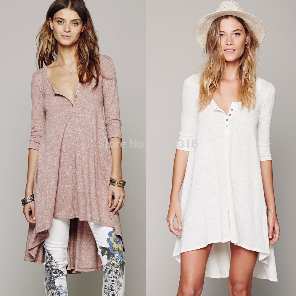 Wholesale-free shipping women casual dress Inequality Half Sleeve V neck Knitwear cotton bohemian style people Fashion dress