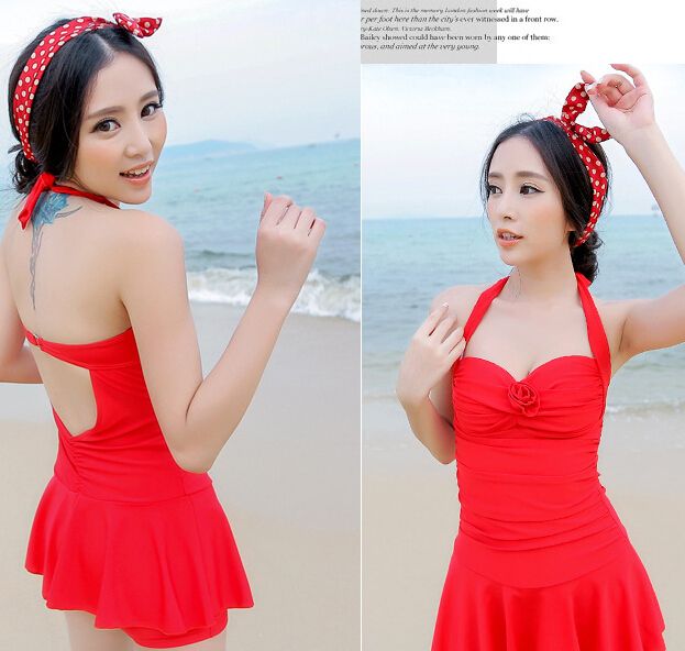 Wholesale-2015 Womens One Piece Swimsuits With Skirts Cheap Cute Bathing Suits Modest Swim Wear Juniors Plus Size Monokini Jumpsuits