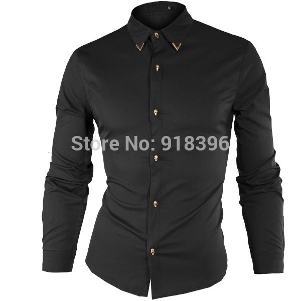 Wholesale-New Brand Metal Collar Of A Button Cotton Mens Casual Social Slim Fit Long Sleeve Shirt Men For High Quality Shirt M-XXL