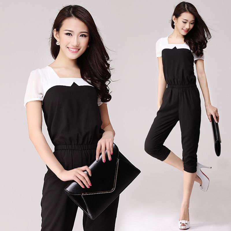 Wholesale-European Style Black And White Women Casual Jumpsuit Patchwork Rompers Slim Elegant Ladies Jumpsuits