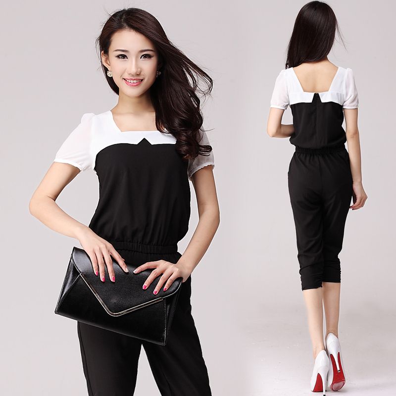 Wholesale-European Style Black And White Women Casual Jumpsuit Patchwork Rompers Slim Elegant Ladies Jumpsuits