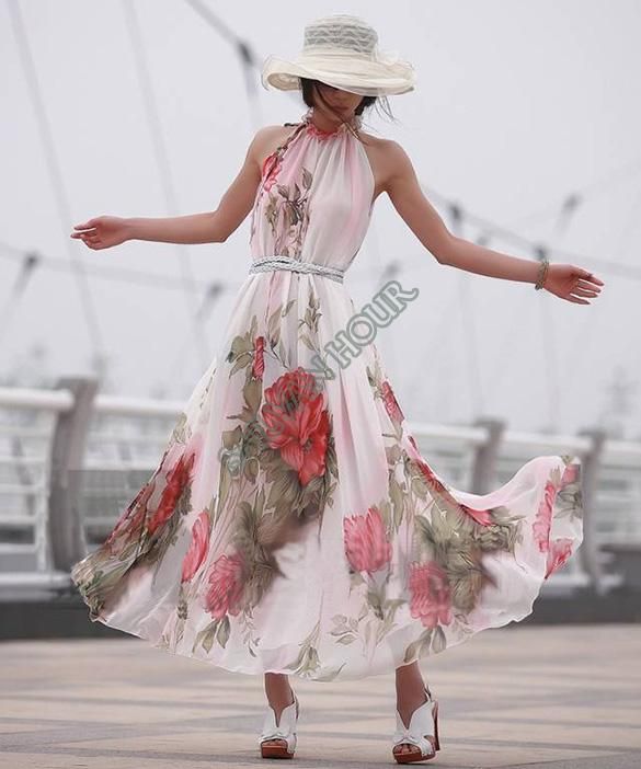 Wholesale-2015 New Women Lady Flower Pattern Sleeveless Chiffon Maxi Dress Flouncing Sundress Long Dresses Free Shipping 41