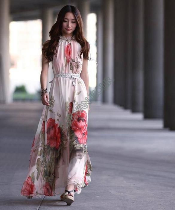 Wholesale-2015 New Women Lady Flower Pattern Sleeveless Chiffon Maxi Dress Flouncing Sundress Long Dresses Free Shipping 41