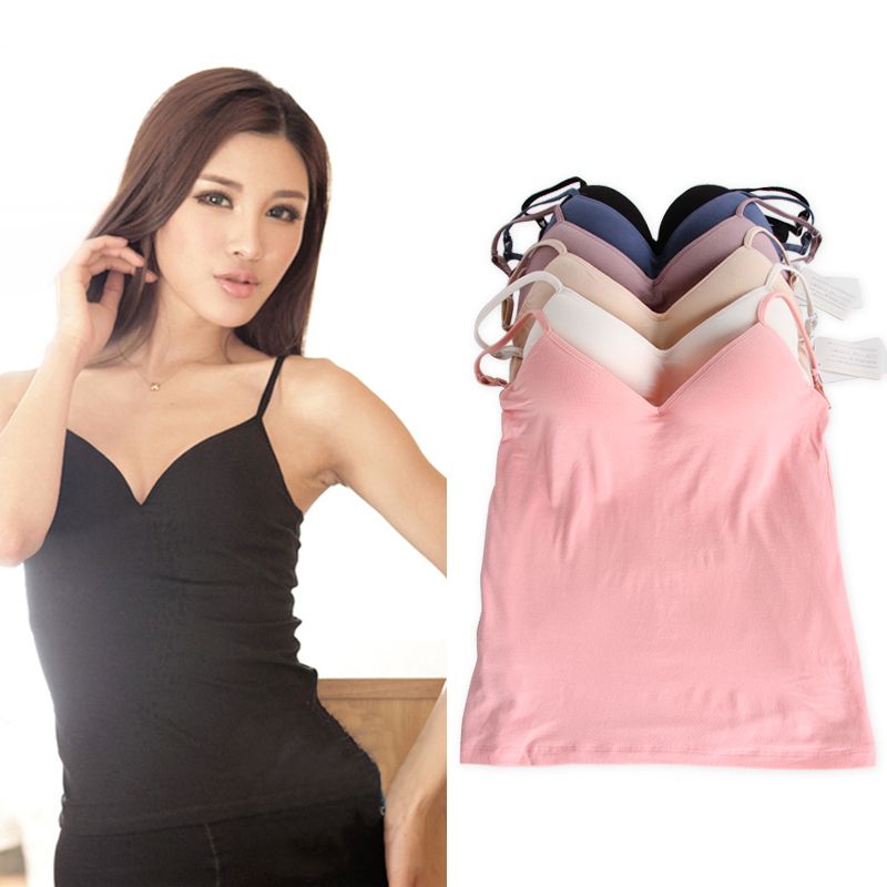 Wholesale-2015 New Built in Bra Tops 6 colors Padded Cozy Adjustable Strap Base Camisole Deep V-Neck wireless Bra Tank Tops size M/L W1302