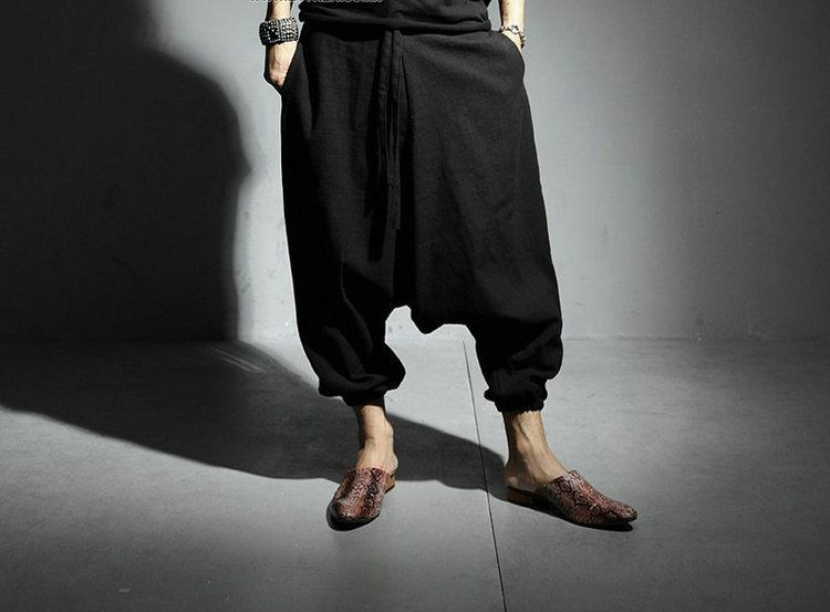 Wholesale-NEW Men Women Japanese Samurai Style Boho Casual Low Drop Crotch Loose Fit Harem Baggy Hakama Capri Cropped Linen Pants Trousers