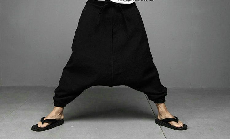 Wholesale-NEW Men Women Japanese Samurai Style Boho Casual Low Drop Crotch Loose Fit Harem Baggy Hakama Capri Cropped Linen Pants Trousers