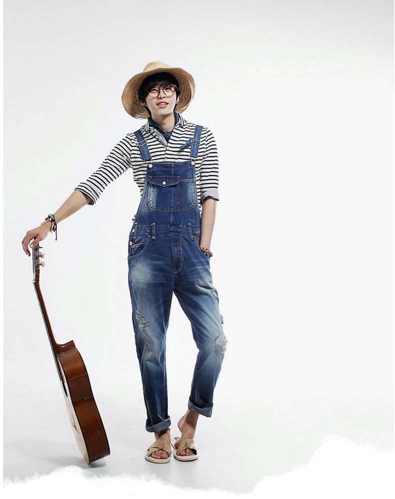Wholesale-Free shipping plus size Mens Casual Denim Jumpsuit Mens Skinny Jean Overalls Ripped Vintage Bib Pants Male suspenders jeans
