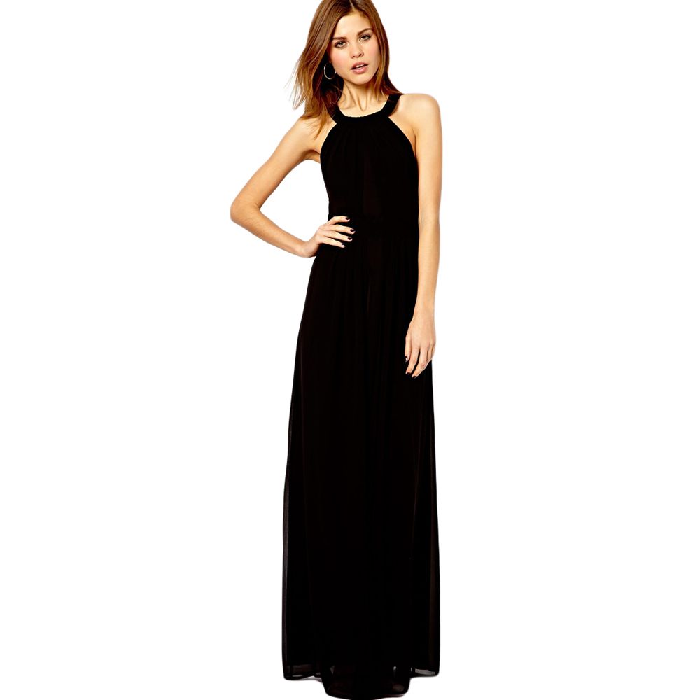 Wholesale-Long Evening Dresses Sexy Women Maxi Chiffon Dress Halter Neck Back Cut Out Black and Red vestido de festa Size S M L XL