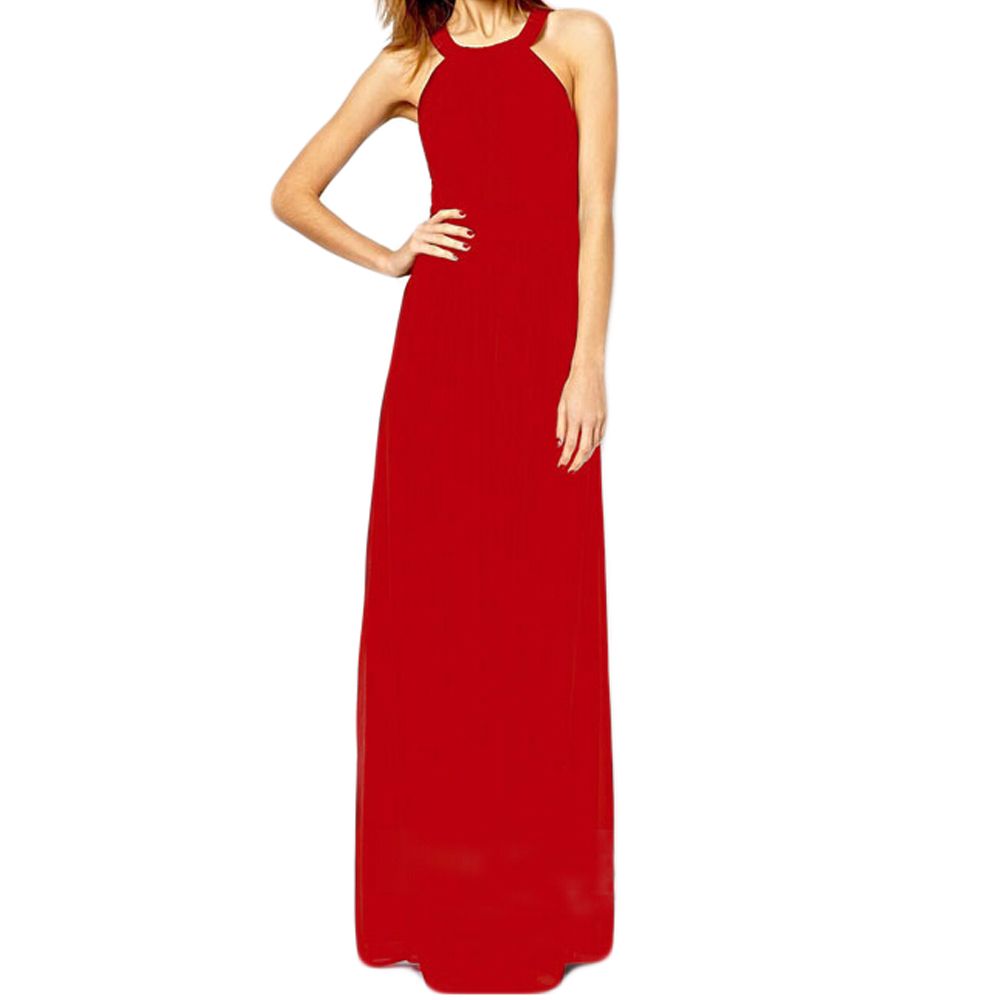 Wholesale-Long Evening Dresses Sexy Women Maxi Chiffon Dress Halter Neck Back Cut Out Black and Red vestido de festa Size S M L XL