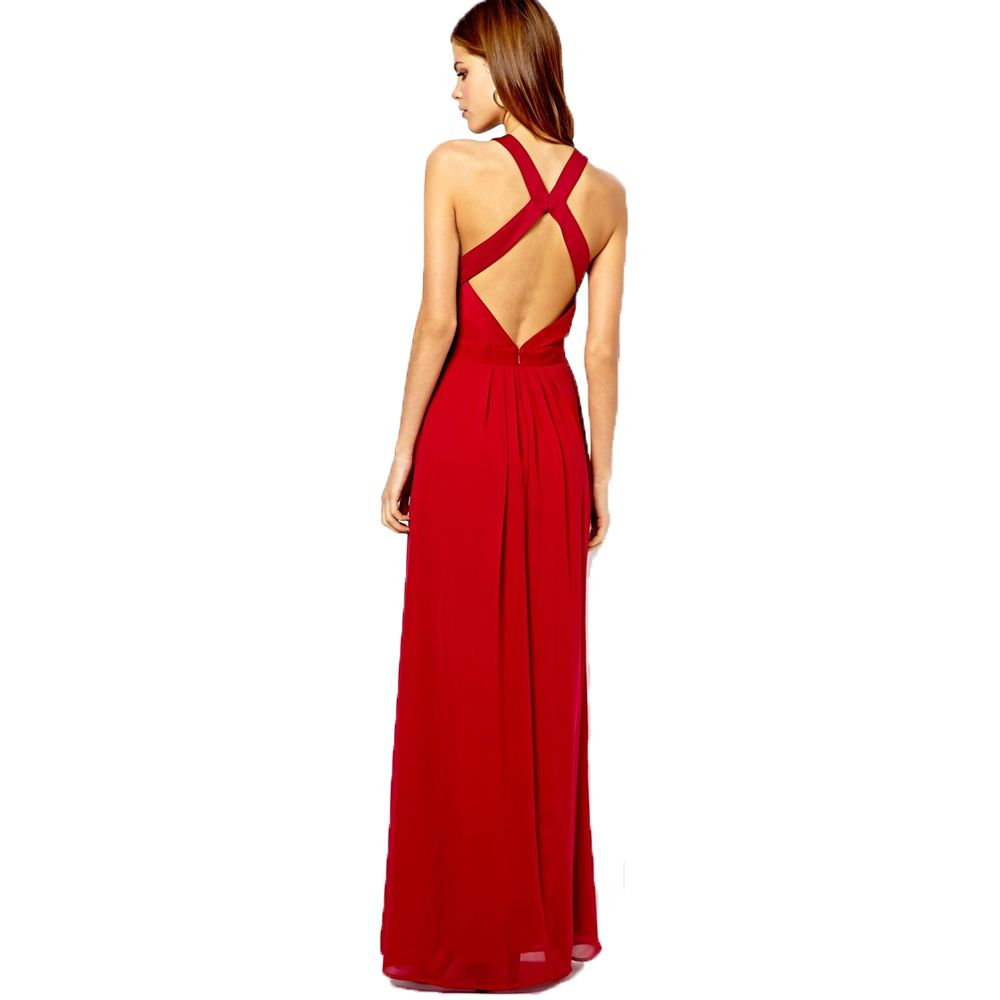 Wholesale-Long Evening Dresses Sexy Women Maxi Chiffon Dress Halter Neck Back Cut Out Black and Red vestido de festa Size S M L XL