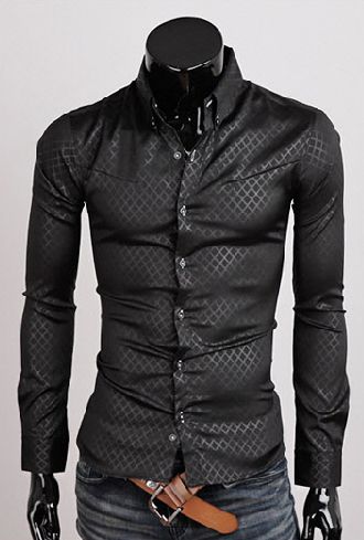 New Fashion Mens Dark Grain Diamond Lattice Long-sleeved Slim Shirt 3 Colors