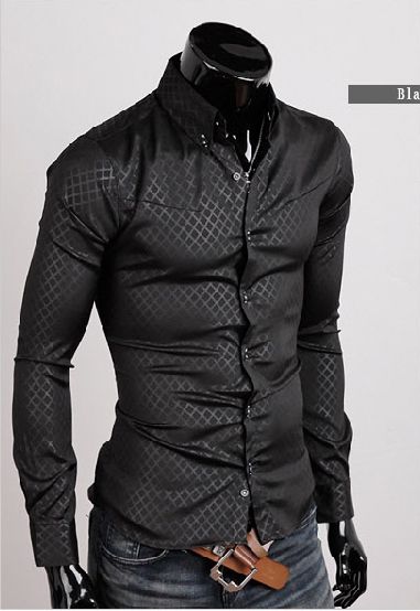 New Fashion Mens Dark Grain Diamond Lattice Long-sleeved Slim Shirt 3 Colors