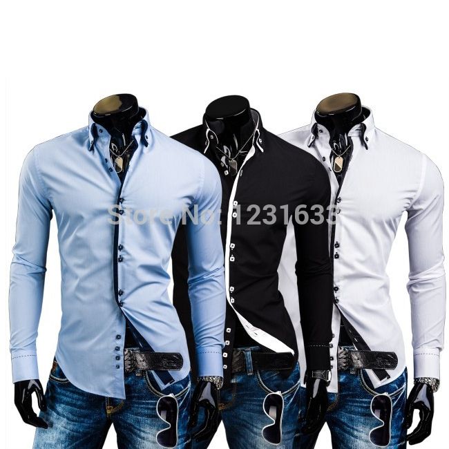 Wholesale-8 Colors ! New Style Plus Size XXXL Double Button Designer Casual Men Long Sleeve Slim Fit Social Shirt Mens Shirts M-3XL