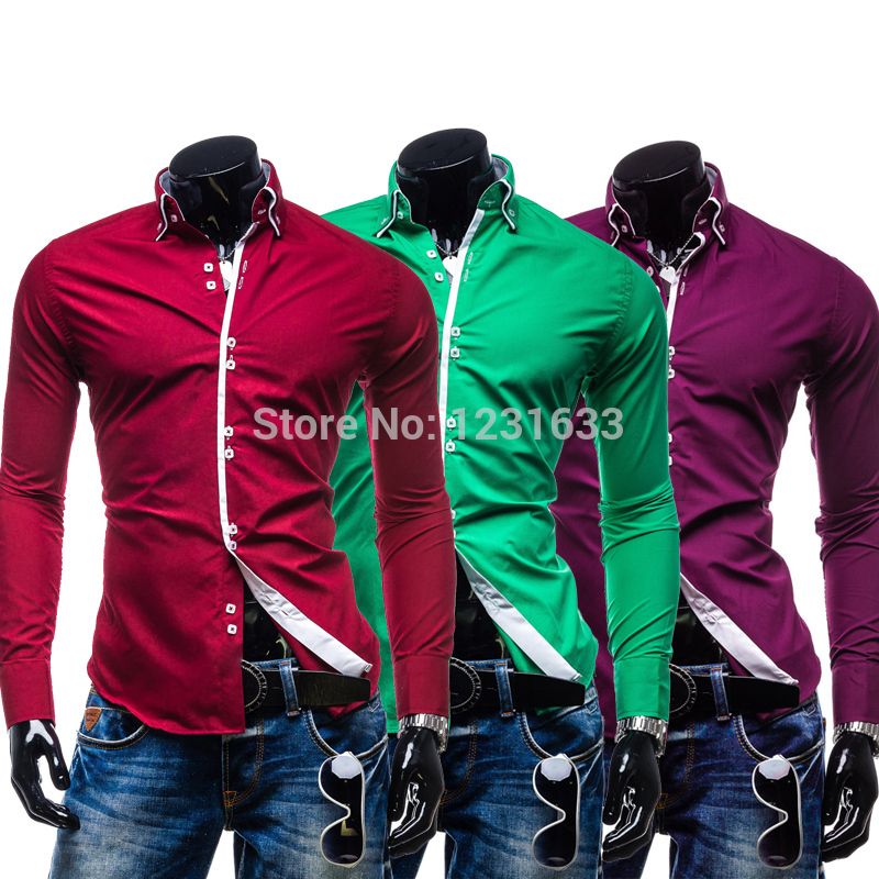 Wholesale-8 Colors ! New Style Plus Size XXXL Double Button Designer Casual Men Long Sleeve Slim Fit Social Shirt Mens Shirts M-3XL