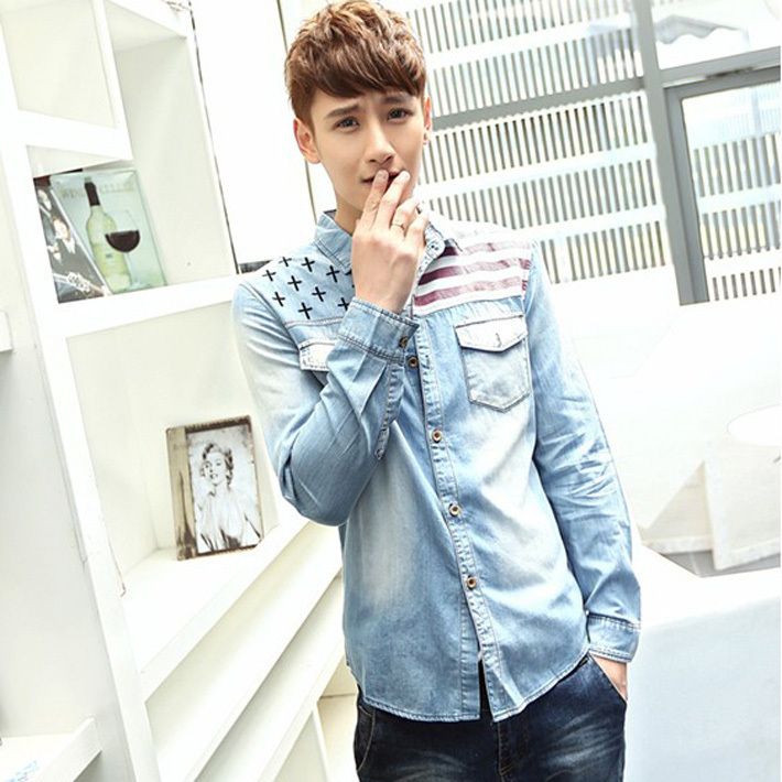 Wholesale- New Arrival Men's Casual Flag Cowboy Long Sleeve Shirt Denim Shirt Jeans Shirt Fashion Design Free Shipping