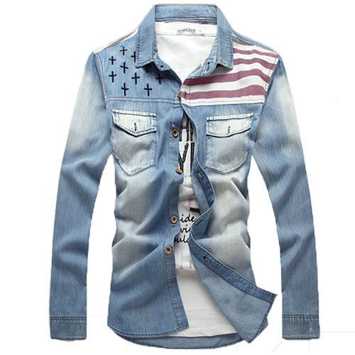 Wholesale- New Arrival Men's Casual Flag Cowboy Long Sleeve Shirt Denim Shirt Jeans Shirt Fashion Design Free Shipping