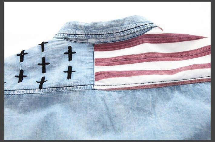 Wholesale- New Arrival Men's Casual Flag Cowboy Long Sleeve Shirt Denim Shirt Jeans Shirt Fashion Design Free Shipping