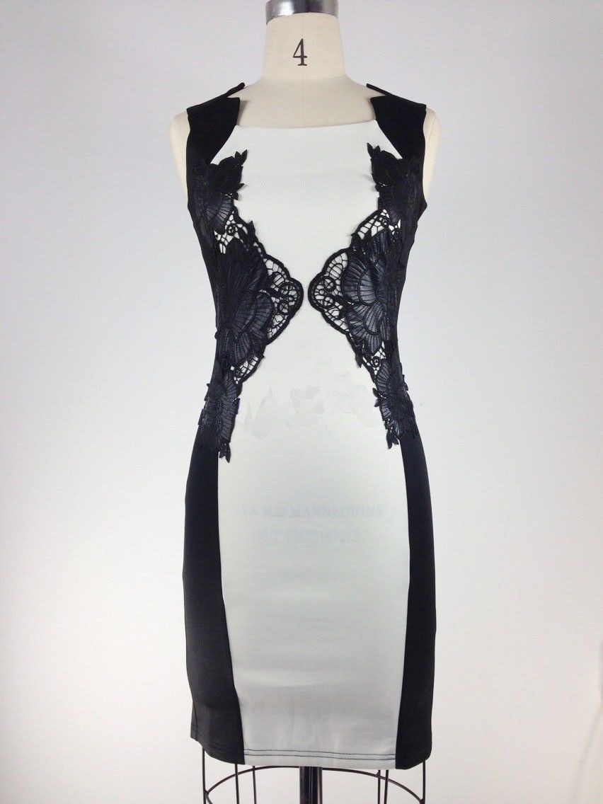 Wholesale-2015 New Arrival Summer Sleeveless Square Neck Bodycon Dress Black Lace White Knee Length Pencil Dress LD0621