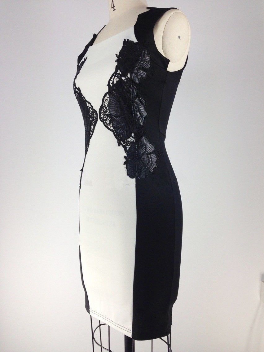 Wholesale-2015 New Arrival Summer Sleeveless Square Neck Bodycon Dress Black Lace White Knee Length Pencil Dress LD0621