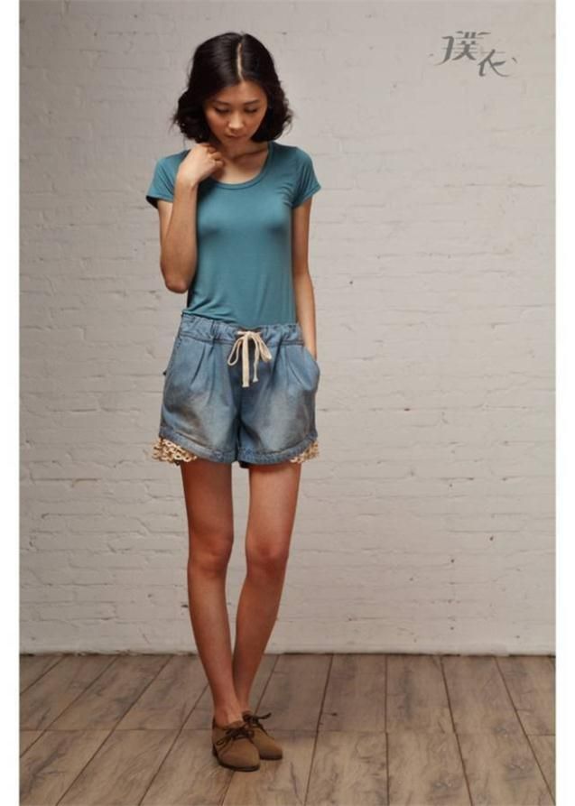 Wholesale-Hot Sales Women Fashion Casual Lace Denim Shorts New Summer Brand New Mid Waist Short Jeans Shorts Women Free Shipping