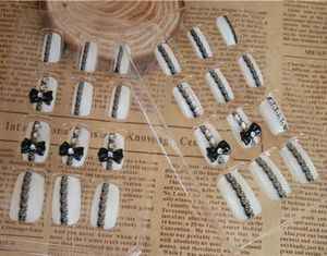 Wholesale-24 pieces Crystal fake nails High Quality artificial black and white fake nails full cover summer style fake nail