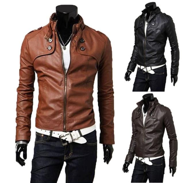 Wholesale-2015 New Korean Style Mens Male Slim Fit Zipper Designed PU Leather Jacket Size Outerwear Stylish Leather Suede Coat