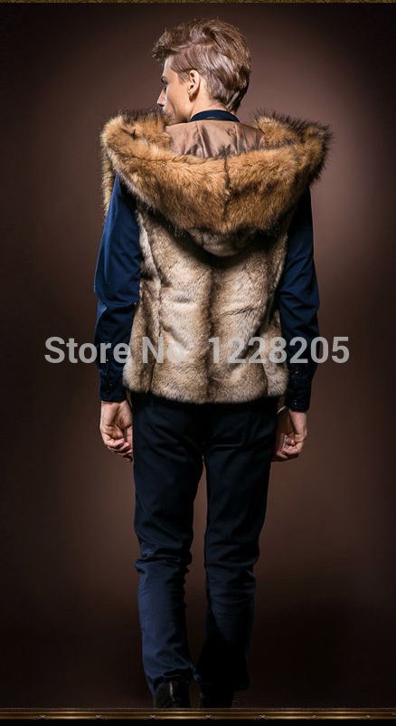 Wholesale-Fashion Men Faux Fox Fur Vest with Hoodie Thick Fur hooded Mens Waistcoats Sleeveless Jacket Coat outerwear Male clothing coats